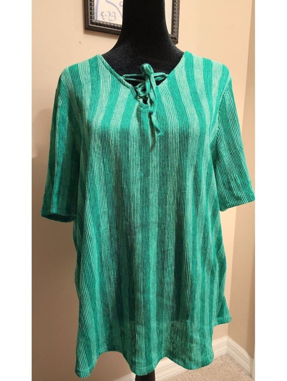 Chico's Green Striped Lace-Up Neck Tunic Top Size 3